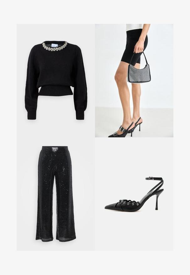 Sweat à manches longues noir court en tissu tricoté, avec un col décoratif orné de perles. Poignets et ourlet côtelés.; Pantalons en sequins noirs avec une coupe large et une ceinture élastique, présentant une texture lisse et des surfaces brillantes qui réfléchissent la lumière.; Chaussure à talon haut noire à bout pointu, bords festonnés, œillets métalliques, lacets à l'avant et bride de cheville avec fermeture à boucle.; Sac à main à perles noires avec une silhouette courbée, une poignée de transport et une texture brillante. Porté avec des chaussures à talons hauts noires et un short noir ajusté.