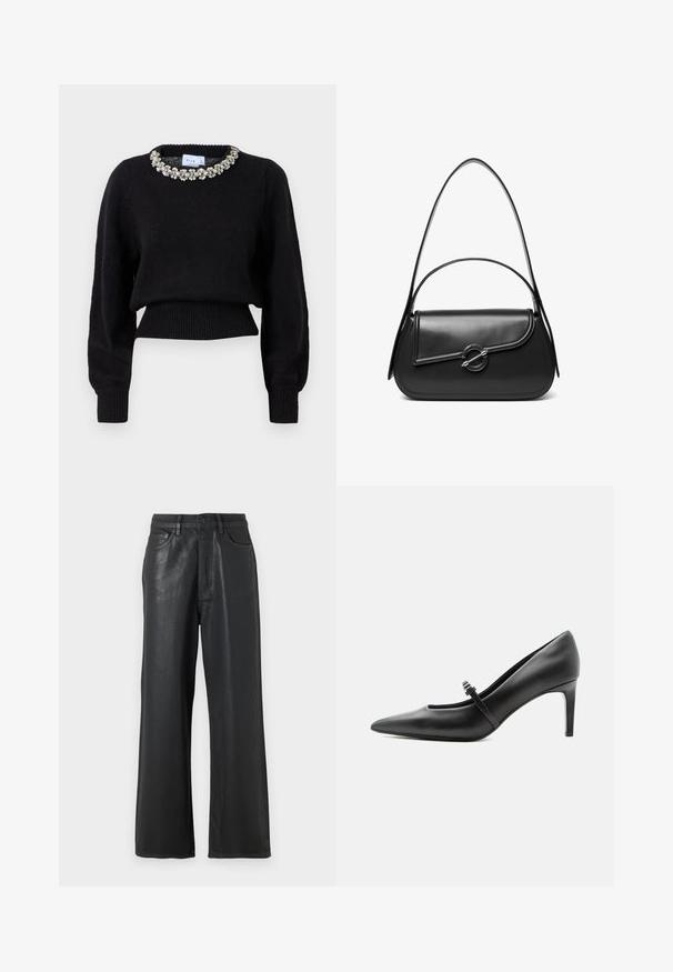 Sort cropped sweater lavet af strikket stof, med lange ærmer og en dekorativ perlekrave. Ribbet manchetter og kant.; Sorte vide benbukser lavet af et blankt materiale. Har en knaplukning, bæltestropper og forlommer med en glat tekstur.; Sort læderspids højhælede sko med tynd rem og spænde over vristen, stående på en neutral lys baggrund.; Sort skuldertaske i læder med en buet klap, der er fastgjort med en rund metal spænde, og en slank, justerbar rem.