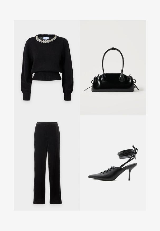 Sweat à manches longues noir court en tissu tricoté, avec un col décoratif orné de perles. Poignets et ourlet côtelés.; Pantalons en velours noir avec une coupe droite, présentant une texture lisse, des détails de couture discrets et une taille classique.; Chaussure à talon haut noire à bout pointu avec laçage à l'avant et brides enroulées autour de la cheville nouées en nœud, vue de côté sur fond blanc.; Petit sac à main noir brillant avec deux longues anses et des détails à cordon sur les côtés sur un fond clair uni.