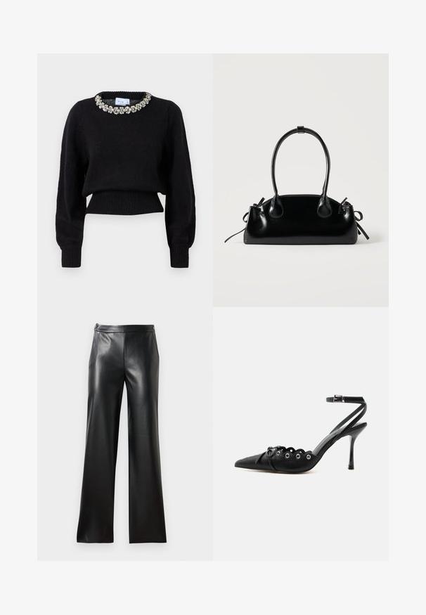 Sort cropped sweater lavet af strikket stof, med lange ærmer og en dekorativ perlekrave. Ribbet manchetter og kant.; Sorte læder bredbenede bukser med en glat tekstur, forlommer og lynlås lukning. Har et rent, minimalistisk design.; Sort spids hæl med bølgede kanter, metaløjer, snørelukning foran og ankelrem med spænde.; Lille sort blank håndtaske med to lange håndtag og snøre-detaljer i siden på en ensfarvet lys baggrund.