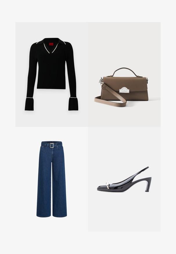 Haut noir côtelé à manches longues avec col en V et bordure de col blanche. Doté de manches évasées aux poignets et d'une coupe ajustée. Étiquette de marque rouge à l'intérieur.; Jean en denim à jambe large de couleur bleu foncé avec une ceinture, cinq poches et des détails de couture. Texture lisse avec une coupe classique.; Escarpin slingback en cuir verni noir avec bout pointu et ornement décoratif en métal argenté à l'avant.; Sac à main rectangulaire en cuir marron avec poignée supérieure et bandoulière amovible, doté d'une fermeture à boucle métallique argentée sur le devant.