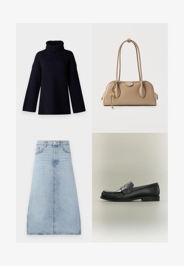 Dunkelblauer Rollkragensweater mit geripptem Material, weiten Ärmeln und lockerer Passform. Weiches Material und minimalistisches Design.; Helle blaue Jeans-Midirock mit Frontknopf- und Reißverschluss, seitlichen Taschen und Gürtelschlaufen, auf einem weißen Hintergrund präsentiert.; Schwarzer Leder-Pennyloafer mit gerafftem Zehdetail und niedrigem gestapeltem Absatz, seitlich auf neutralem Hintergrund betrachtet.; Beige Handtasche mit glatter Lederstruktur. Abgerundete Form, zwei lange Griffe und ein goldfarbenes Metall-Detail an einem Reißverschluss.
