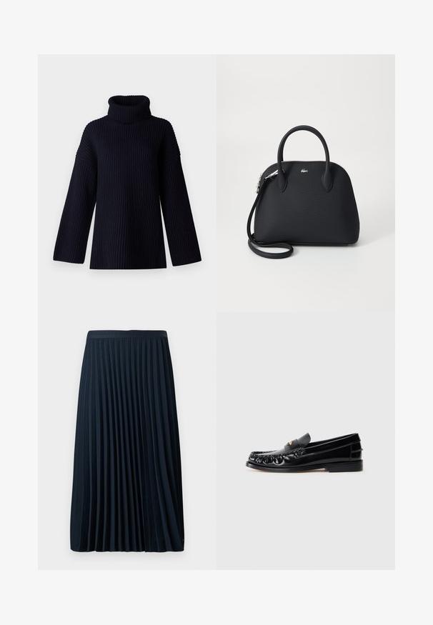 Navy blauwe coltrui met geribbelde textuur, brede mouwen en een ontspannen pasvorm. Zacht materiaal en minimalistisch ontwerp.; Geplooide marineblauwe rok met een gestructureerde tailleband, gemaakt van een soepele stof, met gelijkmatig verdeelde verticale plooien en een lengte tot halverwege het kalf.; Zwarte leren instappers met een ronde neus, decoratieve stiksels en een kleine gouden accent op de wreef. Platte rubberen zool, strak design.; Zwarte handtas van textuur materiaal, voorzien van twee bovenhandvatten en een afneembare schouderriem, met een zilveren logo-accent.