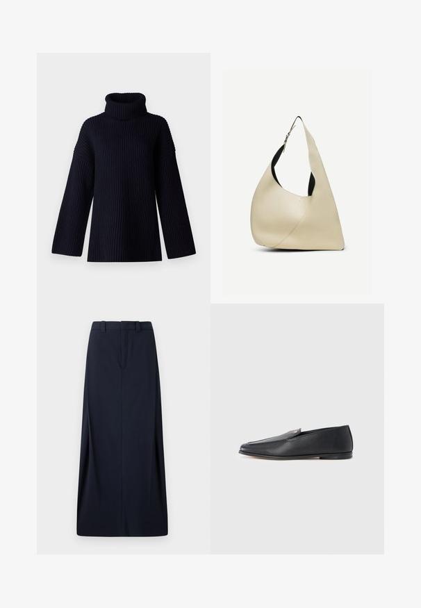 Marineblå turtleneck sweater med ribbet tekstur, brede ærmer og en afslappet pasform. Blødt materiale og minimalistisk design.; Mørkeblå lang nederdel lavet af vævet stof, med lige snit, bæltesløjfer og en skjult lynlås. Rene linjer og minimalistisk design.; Sorte læderloafers med en glat tekstur, rundet tå og subtile syningsdetaljer. Har en guldfarvet logoaccent på oversiden.; Skuldertaske i cremelærret glat læder med buet trekantet form og justerbar rem med sølvspænde.