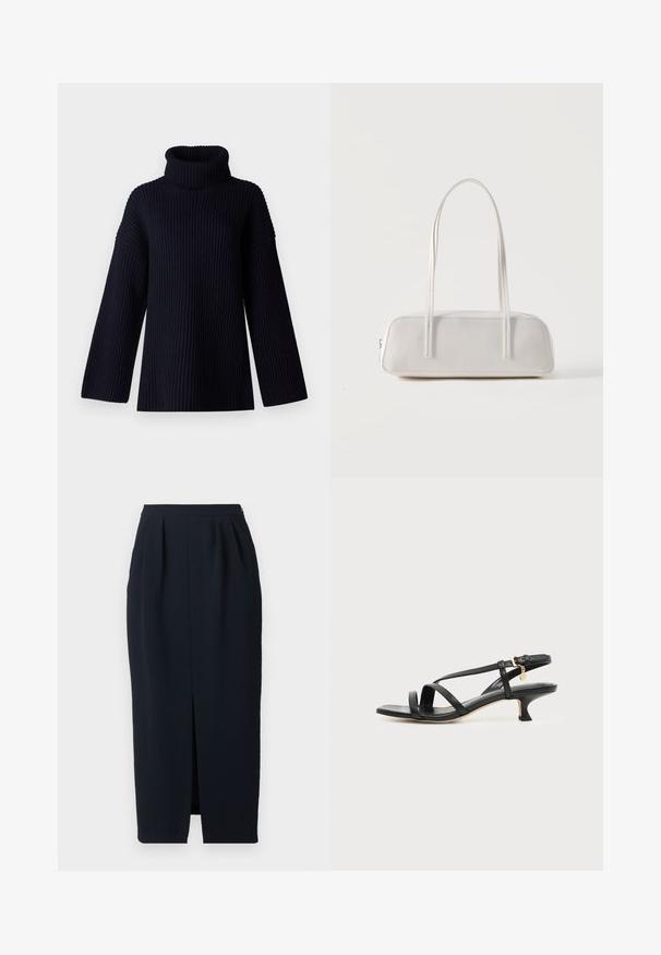Navy blauwe coltrui met geribbelde textuur, brede mouwen en een ontspannen pasvorm. Zacht materiaal en minimalistisch ontwerp.; Zwarte hoge taille midi-jurk met frontplooien en middenopening, nauwsluitende pasvorm en zijzakken op een effen achtergrond.; Zwarte leren sandaal met smalle bandjes, lage kittenhak, enkelriempje en een klein gouden hangertje tegen een effen lichte achtergrond.; Witte rechthoekige schoudertas met lange dunne bandjes, minimale stiksels en ritssluiting op een effen achtergrond.
