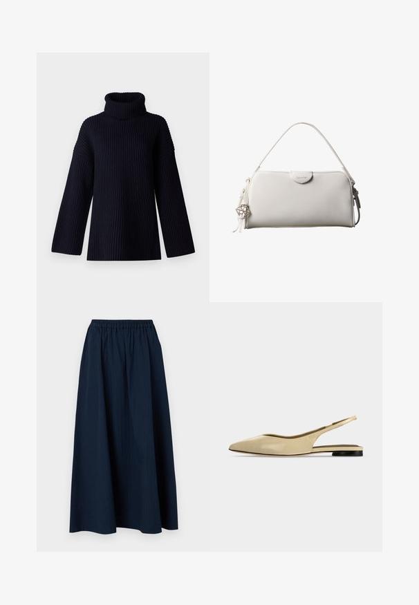 Dunkelblauer Rollkragensweater mit geripptem Material, weiten Ärmeln und lockerer Passform. Weiches Material und minimalistisches Design.; Navyblaue, knöchellange Skirt aus strukturiertem Stoff mit einem elastischen Bund und dezenten vertikalen Streifen.; Beiger Slingback-Ballerina mit spitzer Kappe, niedrigem schwarzem Absatz und glattem Lederfinish, seitlich auf einfarbigem Hintergrund gezeigt.; Weiße rechteckige Calvin Klein Handtasche mit einem einzelnen Henkel, minimalistischem Design und dekorativen Quasten mit geometrischem Metallanhänger an der Seite.