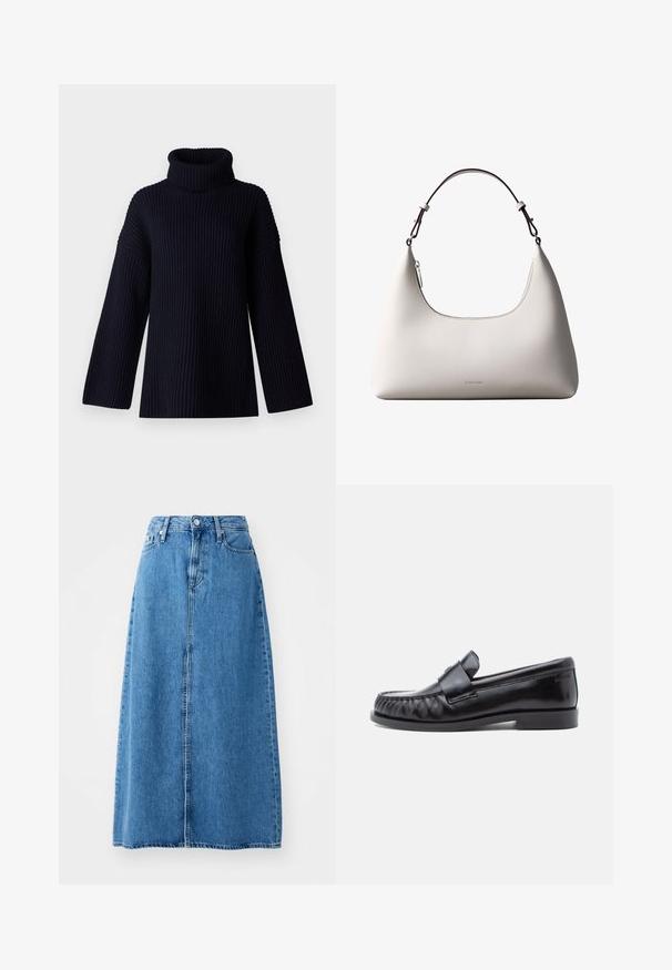 Marineblå turtleneck sweater med ribbet tekstur, brede ærmer og en afslappet pasform. Blødt materiale og minimalistisk design.; Blå denim maxi nederdel med frontknaplukning, to lommer og lige design med rå kant. Klassisk og alsidig.; Sorte læderloafers med rundet tå, karakteristisk syning og en dekorativ rem over vampen. Glat finish og lav hæl.; Cremefarvet skuldertaske i læder fra Calvin Klein med buet topkant, sølvfarvet lynlås og mørkebrun justerbar rem.