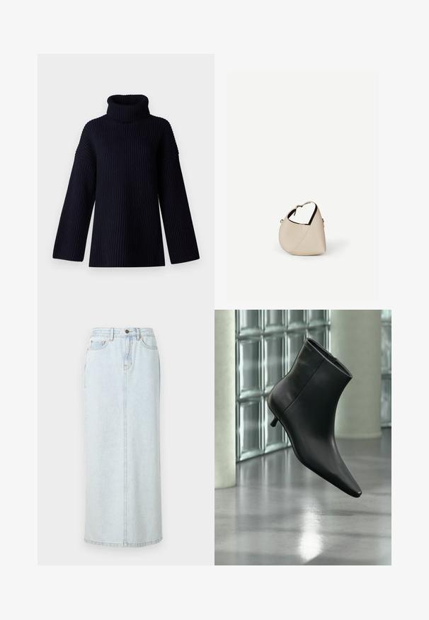 Dunkelblauer Rollkragensweater mit geripptem Material, weiten Ärmeln und lockerer Passform. Weiches Material und minimalistisches Design.; Hellblauer Denim-Maxi-Rock mit geradem Design, vorderer Knopfverschluss und sichtbaren Nähten. Verfügt über zwei Fronttaschen.; Schwarzer Leder-Stiefelette mit spitzer Zehenpartie und niedrigem Kitten-Heel, schräg dargestellt vor einem polierten Boden und einer Glasbausteinwand.; Beige Ledertasche in Halbmondform mit einem einzelnen Schulterriemen und minimaler Nahtgestaltung, vor einem schlichten weißen Hintergrund.