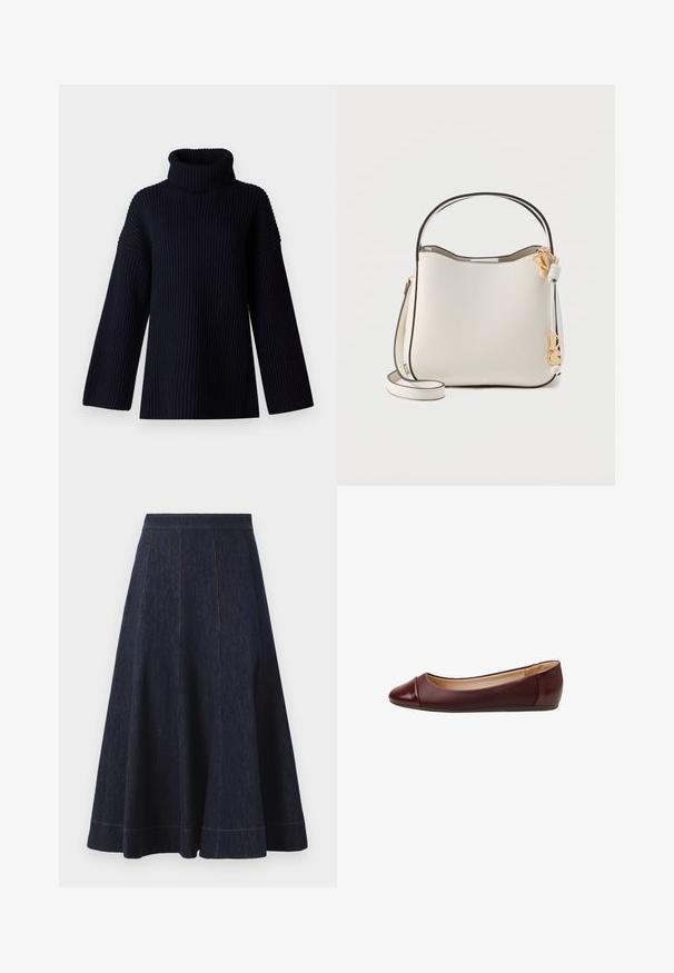 Navy blauwe coltrui met geribbelde textuur, brede mouwen en een ontspannen pasvorm. Zacht materiaal en minimalistisch ontwerp.; Donkerblauwe spijkerrok met een flared silhouet, met verticale naaddetails en contrasterende oranje stiksels langs de zoom.; Bordeauxrode leren ballerina met een afgeronde neus en een licht glanzende afwerking. Voorzien van een naaddetail bij de neus en een flexibele zool.; Crèmekleurige leren handtas met zwarte biezen, korte handgreep, afneembare schouderriem en goudkleurige sierbedels aan een geknoopte riem.