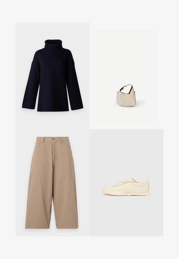 Marineblå turtleneck sweater med ribbet tekstur, brede ærmer og en afslappet pasform. Blødt materiale og minimalistisk design.; Kaki breddeben bukser lavet af bomuld, med høj talje, forlommer og en enkelt knaplukning. Glat tekstur og lige snit.; Lavprofileret sneaker i cremefarve med bølget syning, snørebånd og en rilleret sål, vist fra siden på en ensfarvet baggrund.; Beige læder håndtaske i halvmåneform med en enkelt skulderrem og minimal syning, sat mod en ensartet hvid baggrund.