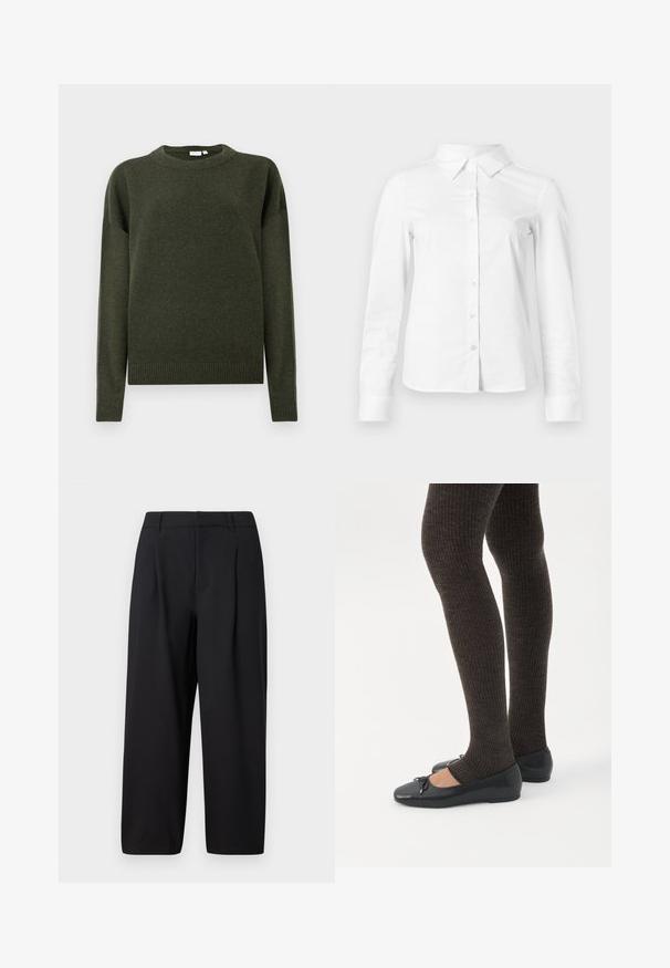 Pull en tricot vert foncé à col rond, à manches longues, avec des bords côtelés aux poignets et à l'ourlet, présenté sur un fond blanc uni.; Chemise blanche à manches longues avec boutons, col pointu, ourlet droit et silhouette ajustée, présentée sur un fond clair uni.; Pantalon noir avec une coupe décontractée, devant plissé, taille plate et texture lisse. Coupé à une longueur raccourcie, adapté pour un usage formel ou décontracté.; Jambes portant des leggings côtelés foncés associés à des ballerines noires avec de petits détails en nœud sur fond blanc.