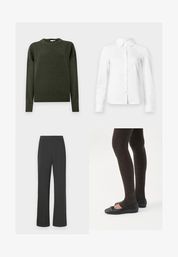Mørkegrøn strikket sweater med rund hals, lange ærmer samt ribbede manchetter og kant, vist på en ensfarvet hvid baggrund.; Hvid skjorte med lange ærmer, knapper, spids krave, lige kant og tætsiddende silhuet, vist på en ensartet lys baggrund.; Sorte stribede bukser med lige ben, der har en elastisk talje og et glat, struktureret stof.; Ben iført mørke ribbede leggings kombineret med sorte balletsko med små sløjfedetaljer på hvid baggrund.