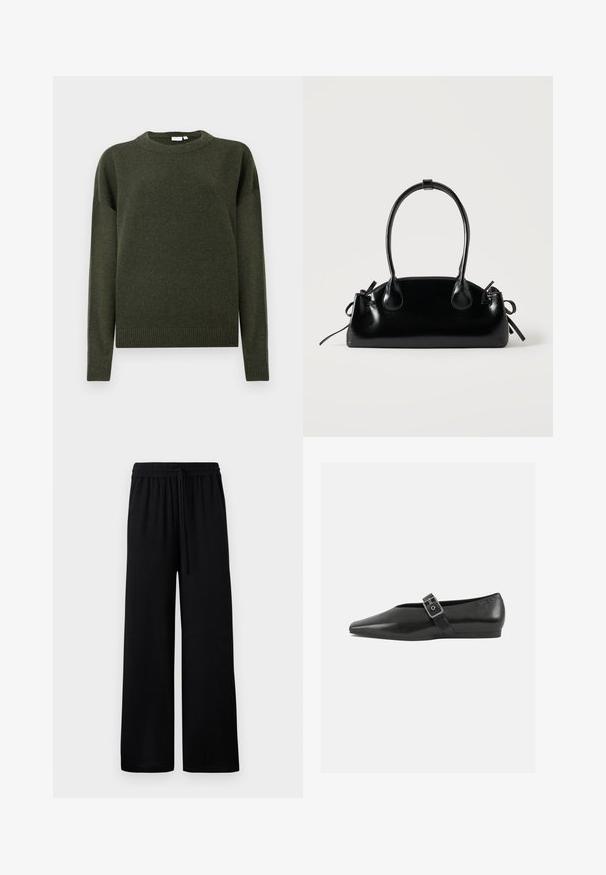 Mørkegrøn strikket sweater med rund hals, lange ærmer samt ribbede manchetter og kant, vist på en ensfarvet hvid baggrund.; Sorte vide benbukser med elastisk talje og justerbar snor. Glat stof uden synlige mønstre eller accenter.; Sorte læder flade sko med spidse tæer, prydet med en metallisk spænde over vristen og en lav, fleksibel sål.; Lille sort blank håndtaske med to lange håndtag og snøre-detaljer i siden på en ensfarvet lys baggrund.