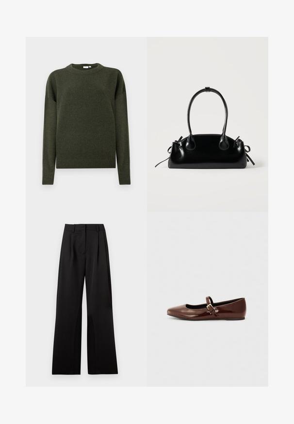 Suéter de punto verde oscuro con cuello redondo, mangas largas y puños y dobladillo de canalé, exhibido sobre un fondo blanco liso.; Pantalones de pierna ancha en negro, con una textura suave, que presentan pliegues frontales, una cinturilla plana y presillas para cinturón. Diseño simple y ajustado.; Bailarina de charol marrón con punta cuadrada y tira que presenta una pequeña hebilla dorada. Textura suave, tacón bajo y diseño minimalista.; Pequeño bolso negro brillante con dos asas largas y detalles de cordón lateral sobre un fondo claro liso.