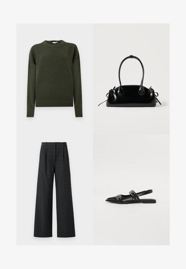 Pull en tricot vert foncé à col rond, à manches longues, avec des bords côtelés aux poignets et à l'ourlet, présenté sur un fond blanc uni.; Pantalons taille haute à jambe large en tartan gris foncé avec plis avant et passants de ceinture, conçus pour un ajustement ample et confortable.; Even&Odd by Zalando Ballerines à brides arrière - black; Petit sac à main noir brillant avec deux longues anses et des détails à cordon sur les côtés sur un fond clair uni.