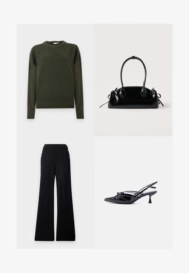 Pull en tricot vert foncé à col rond, à manches longues, avec des bords côtelés aux poignets et à l'ourlet, présenté sur un fond blanc uni.; Pantalons larges noirs à taille haute avec des boutons décoratifs le long des coutures latérales supérieures, présentés sur un fond blanc.; Escarpin slingback en cuir verni noir, bout pointu, petit talon kitten et nœud décoratif noué à l'avant.; Petit sac à main noir brillant avec deux longues anses et des détails à cordon sur les côtés sur un fond clair uni.