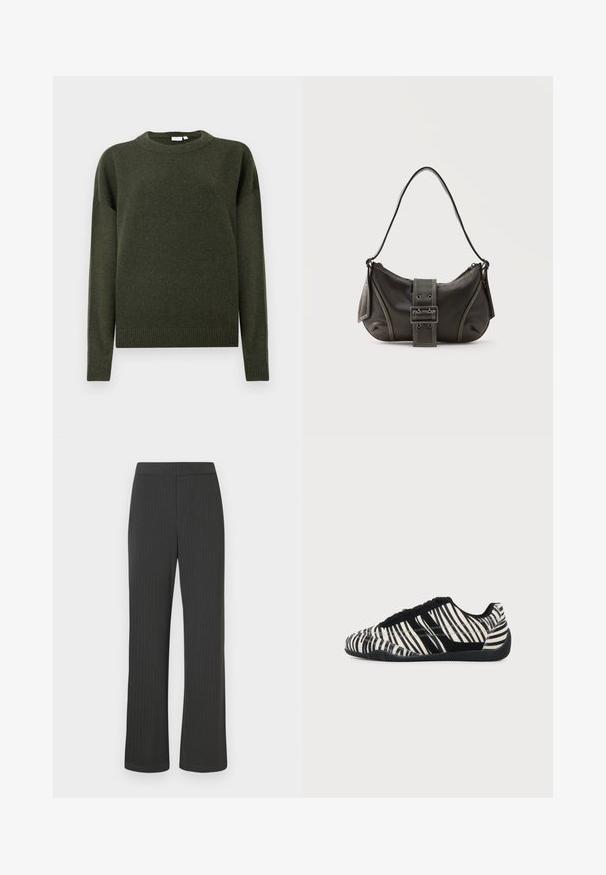 Pull en tricot vert foncé à col rond, à manches longues, avec des bords côtelés aux poignets et à l'ourlet, présenté sur un fond blanc uni.; Pantalon noir à rayures verticales avec un design à jambe droite, doté d'une taille élastique et d'un tissu lisse et texturé.; Baskets à lacets noires et blanches avec motif rayures zèbre et semelle noire texturée sur un fond clair uni.; Sac à épaule en cuir noir avec une sangle à boucle, des bords arrondis et des coutures blanches contrastées sur un fond uni.