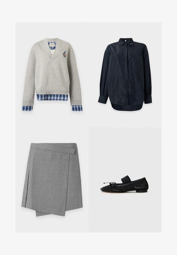 Sweat-shirt gris clair col V avec tissu à carreaux bleu superposé aux poignets et à l'ourlet, avec un petit patch sur le côté gauche de la poitrine.; Chemise noire à manches longues, boutonnée, avec col et poche poitrine, présentée sur un fond clair uni.; Mini-jupe grise style portefeuille avec ourlet asymétrique et texture subtile, dotée d'un détail de ceinture dissimulée.; Chaussure plate noire avec un bout pointu, fabriquée en tissu texturé, avec un accent à nœud et un petit talon rond. Sangle élastique au niveau de la cheville.