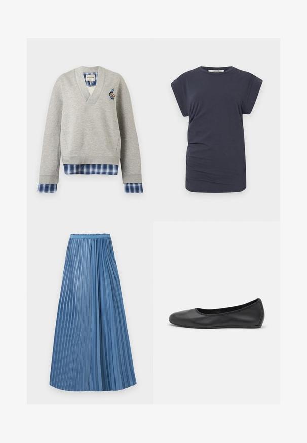 Sweat-shirt gris clair col V avec tissu à carreaux bleu superposé aux poignets et à l'ourlet, avec un petit patch sur le côté gauche de la poitrine.; T-shirt bleu marine en coton, avec une coupe décontractée, des manches dolman courtes et un drapé subtil sur le côté pour ajouter de la texture.; Jupe plissée bleu longueur cheville avec des plis de largeurs inégales et une ceinture ajustée sur fond blanc.; Ballerines en cuir noir avec un bout rond, texture lisse, détails de couture minimalistes et design de semelle flexible.
