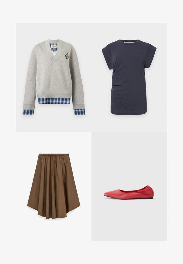 Sweat-shirt gris clair col V avec tissu à carreaux bleu superposé aux poignets et à l'ourlet, avec un petit patch sur le côté gauche de la poitrine.; T-shirt bleu marine en coton, avec une coupe décontractée, des manches dolman courtes et un drapé subtil sur le côté pour ajouter de la texture.; Jupe midi marron taille haute avec ourlet large, taille élastique froncée et cordon de serrage, en tissu lisse.; Filippa K REY FLATS - Ballerines - bright red