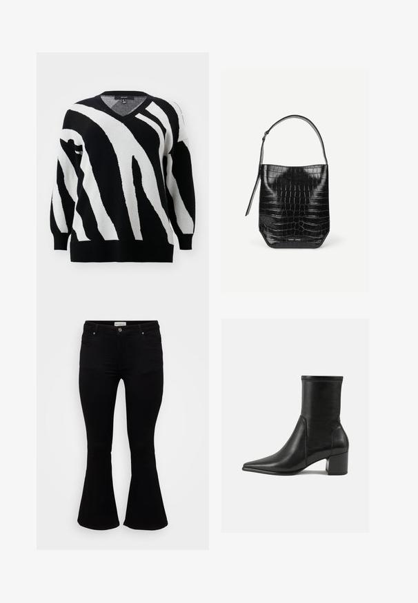 Vero Moda Curve Knitted VMCNANCY Knitted - Πουλόβερ - black/birch; Μαύρα flare τζιν από μαλακό τζιν, με εφαρμοστό μέσο, μπροστινές τσέπες και φαρδύ τελείωμα για άνετη εφαρμογή.; Μαύρο μποτάκι αστράγαλο από λείο δέρμα, με μυτερή μύτη, τετράγωνο τακούνι και ξεχωριστή ανάγλυφη ραφή στην επάνω άκρη.; Μαύρη δερμάτινη τσάντα bucket με ανάγλυφο μοτίβο κροκό, με έναν ώμο ιμάντα και μικρό ασημένιο λογότυπο μπροστά στο κάτω κέντρο.