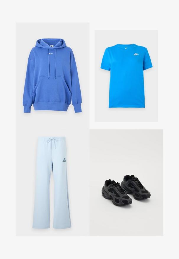 Μπλε φούτερ Nike με τσέπη τύπου ποδιάς μπροστά, κουκούλα με κορδόνια, ριμπ μανσέτες και μικρό λευκό λογότυπο Nike Swoosh στο στήθος.; Μπλε κοντομάνικη μπλούζα Nike με στρογγυλή λαιμόκοψη και λευκό λογότυπο Nike στο επάνω αριστερό μέρος του στήθους, με φόντο μονόχρωμο.; Ανοιχτό μπλε φόρμα παντελόνι με άνετη εφαρμογή, κορδόνι στη μέση και λογότυπο «nike athletics» σε πιο σκούρο μπλε στην πρόσθια πλευρά του ποδιού. Μαλακή υφή υφάσματος.; Μαύρα αθλητικά παπούτσια Nike με πάνελ από δίχτυ και σουέτ, μοναδικές κοπές και μαξιλάρια στον λαιμό. Λαμπερές λεπτομέρειες στις πλευρές τονίζουν έναν σύγχρονο σχεδιασμό.