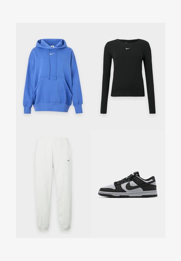 Μπλε φούτερ Nike με τσέπη τύπου ποδιάς μπροστά, κουκούλα με κορδόνια, ριμπ μανσέτες και μικρό λευκό λογότυπο Nike Swoosh στο στήθος.; Μαύρο εφαρμοστό τοπ με μακριά μανίκια από ριμπ ύφασμα, με στρογγυλή λαιμόκοψη και λεπτό λευκό λογότυπο Nike στο στήθος.; Ανοιχτό γκρι φόρμα Nike με ελαστική μέση, στενά μανσέτες και μικρό μαύρο λογότυπο στο αριστερό μηρό. Μαλακό, υφασμάτινο ύφασμα με υφή.; Μαύρα και γκρι Nike Dunk χαμηλά sneakers με τρυπητή μύτη, λείες δερμάτινες λεπτομέρειες και καουτσούκ σόλα με υφή και μοτίβο τάσης.