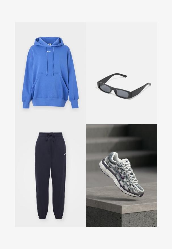 Μπλε φούτερ Nike με τσέπη τύπου ποδιάς μπροστά, κουκούλα με κορδόνια, ριμπ μανσέτες και μικρό λευκό λογότυπο Nike Swoosh στο στήθος.; Nike φόρμες με navy μπλε χρώμα, από μαλακό υλικό. Διαθέτουν ελαστική μέση με κορδόνι και ριμπ μανσέτες. Μικρό λευκό λογότυπο.; Λευκό και γκρίζο αθλητικό παπούτσι Nike με μοβ λεπτομέρειες, να αιωρείται πάνω από μια σκυρόδετη άκρη με σκάλες θολές στο φόντο.; Μαύρα ορθογώνια γυαλιά ηλίου με σκούρους φακούς και παχιούς ματ σκελετούς. Οι βραχίονες είναι ελαφρώς κομμένοι με λεία υφή.