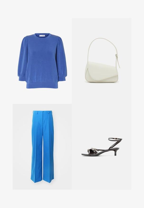 Blauwe trui met lange mouwen, opgepofte schouders, ronde hals en geribde boorden en zoom van een zachte stof.; Helderblauwe wijde broek van zacht materiaal, met een hoge taille en dubbele plooien, voorzien van riemlussen en zonder zichtbare sluitingen.; Zwarte lakleren sandaal met dunne bandjes, een klein kittenhakje en verstelbare enkelgesp.; Witte nepleren handtas met een gestructureerde driehoekige vorm, een enkele verstelbare schouderriem en een klep met ronde accenten.