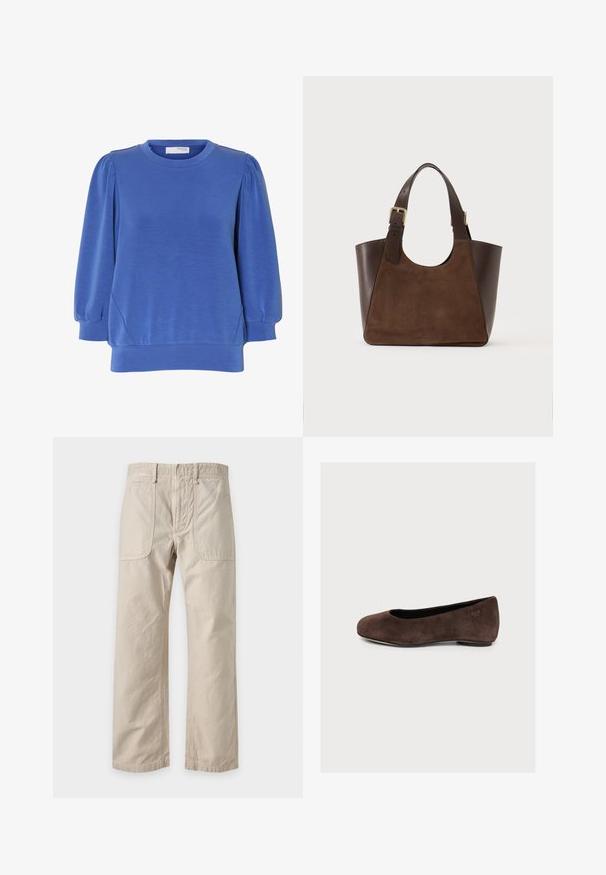 Blauwe trui met lange mouwen, opgepofte schouders, ronde hals en geribde boorden en zoom van een zachte stof.; Beige rechte broek met opgestikte zakken aan de voorkant en riemlussen, gemaakt van lichtgewicht stof, plat gelegd op een witte achtergrond.; Bruine suède ballerina met lage hak, afgeronde neus en een klein vlinderdetail bij de hiel op een effen lichte achtergrond.; Bruine leren en suède tote met met gouden gesp verstelbare handvatten en een brede, afgeronde bovenopening op een effen achtergrond.