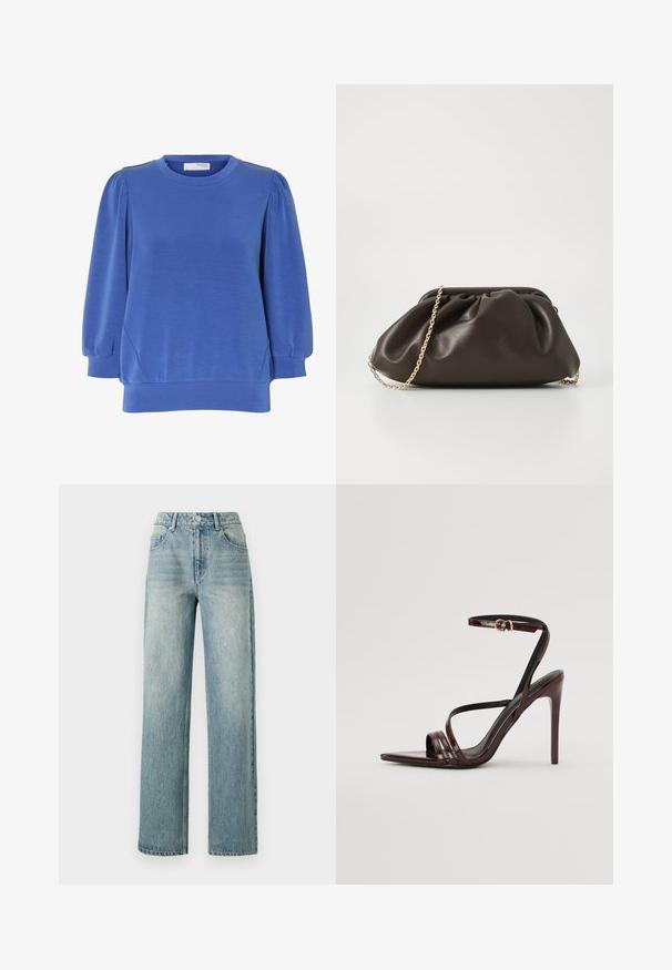 Sinine pikkade varrukatega pullover puffsarnadega, ümmarguse kaelusega ning soonilise ääre ja mansettidega pehmest kangast.; Copenhagen Muse JEANNE PANTS - Avar lõikega teksad - medium dirty washed denim; Burgundi patendiga nahast kõrge kontsaga sandaalid, millel on pahkluu rihm, terav nina ja kolm horisontaalset rihma üle jala. Kuldtoneeritud pandla detail.; Pruun nahast käekott, millel on kogutud disain, kullatud ahelriba ja pehme, tekstuuriga viimistlus. Kompaktne kuju sobib õhtuseks kasutamiseks.