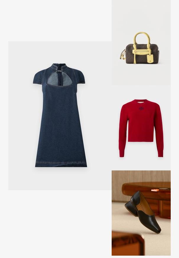 Pull rouge à manches longues avec col rond, poignets et ourlet côtelés, avec un petit logo sombre centré sous l'encolure.; Robe en jean avec col montant, manches courtes en forme de cape et un détail découpé à l'avant. Couleur bleu foncé avec des coutures contrastantes le long de l'ourlet.; Chaussures ouvertes à talons en cuir noir avec un talon bas et incliné, à la texture lisse. La semelle intérieure présente un motif subtil en zigzag.; Sac à main texturé marron avec poignées jaunes, poche zippée à l'avant et étiquette suspendue sur un fond blanc uni.
