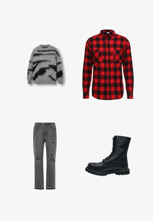 Pull en maille grise avec une texture douce, de larges rayures abstraites noires, col rond et bords-côtes aux poignets et à l'ourlet.; Chemise en flanelle écossaise rouge et noire avec un devant à boutons, des manches longues et deux poches poitrine. Tissu texturé avec un motif à carreaux.; Jean en denim gris, coupe droite avec un délavage usé, présentant des déchirures visibles et un ourlet légèrement effiloché, fermé par un bouton argenté.; Bottines en cuir noir à lacets avec un bout rond, une tige haute, une semelle en caoutchouc épaisse et une surface texturée. Comprend des piqûres renforcées le long des coutures.