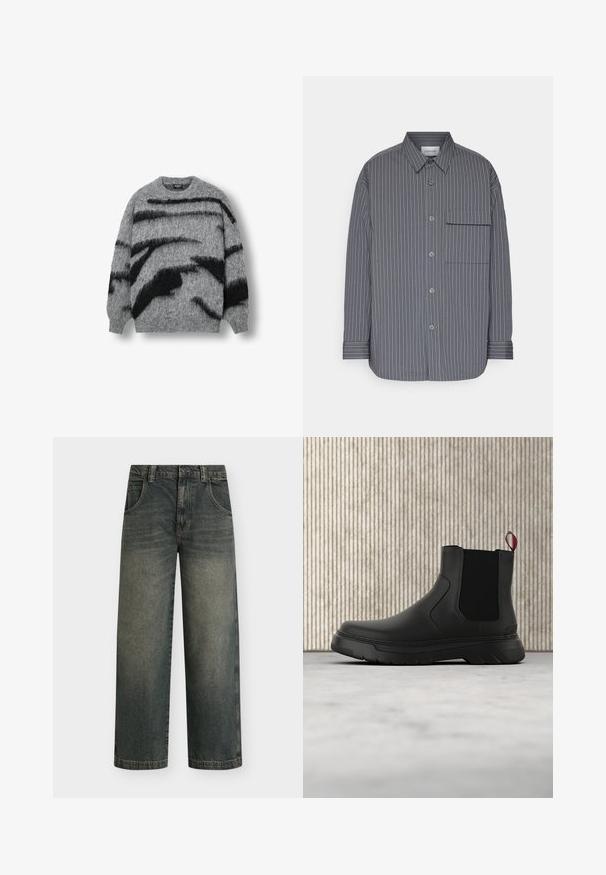 Pull en maille grise avec une texture douce, de larges rayures abstraites noires, col rond et bords-côtes aux poignets et à l'ourlet.; Chemise à rayures gris et blanc. Elle comporte une poche poitrine, un col classique et des manches longues avec un poignet. Texture en tissu doux.; Jean large en denim foncé avec un effet délavé, cinq poches et une fermeture par bouton ; avec des surpiqûres contrastées et un ourlet droit.; Bottines noires avec une finition lisse, des panneaux latéraux élastiques et une languette rouge contrastante, présentant une semelle en caoutchouc épaisse et un bout arrondi.