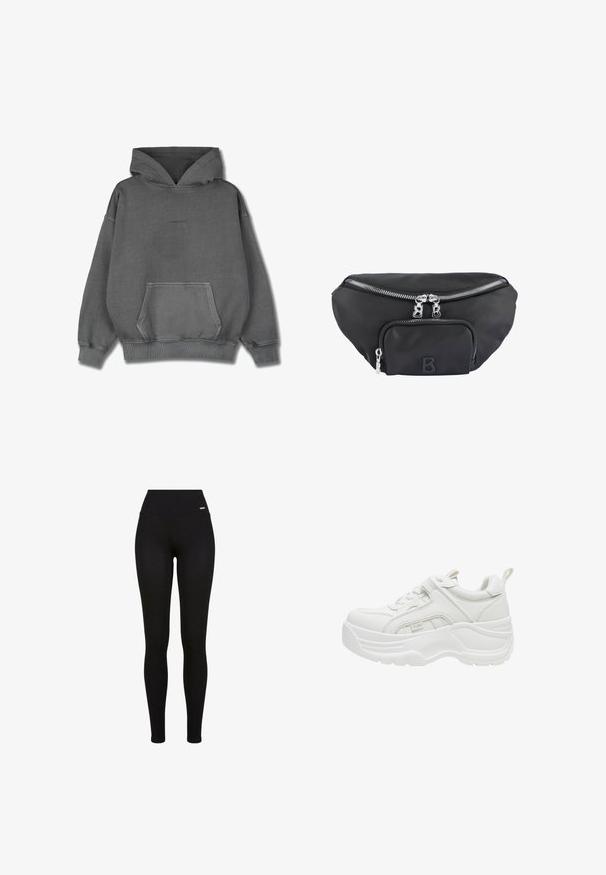 Pegador CLARITA LOGO OVERSIZED HOODIE - Hoodie - vintage grey grey gum; Zwarte leggings met een hoge tailleband, rekbaar materiaal, een soepele textuur en een pasvorm die geschikt is voor casual of sportieve kleding.; Witte chunky sneaker met dikke zool, veters aan de voorkant, gevoerde kraag en trekriem aan de hiel.; Zwarte nylon heuprugzak met een hoofdvak met rits en een voorvak, voorzien van zilveren ritsen en een verhoogd logo met de letter "B".