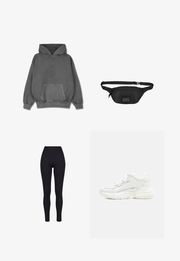 Pegador CLARITA LOGO OVERSIZED HOODIE - Hoodie - vintage grey grey gum; Zwarte high-waisted legging, gemaakt van rekbaar materiaal, met een gladde textuur en een aansluitend ontwerp zonder zichtbare naden of patronen.; Witte chunky sneaker met dikke zool, veters aan de voorkant en een glad bovenwerk van synthetisch materiaal met subtiele stikdetails.; Zwarte heuptas van soepel, waterafstotend materiaal, met een rechthoekig lichaam, verstelbare schouderband en een logo-opdruk aan de voorkant.