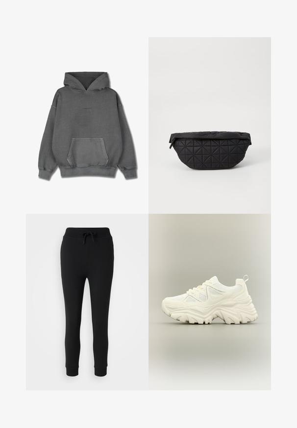 Pegador CLARITA LOGO OVERSIZED HOODIE - Φούτερ με κουκούλα - vintage grey grey gum; Even&Odd Petite by Zalando Παντελόνι φόρμας - black; Λευκό chunky αθλητικό παπούτσι με παχύ υφασμάτινο πέλμα, πάνελ από δίχτυ, κορδόνια μπροστά και θηλιά στο πίσω μέρος σε ουδέτερο φόντο.; Μαύρη τσάντα με πλισέ σχέδιο που διαθέτει μαλακή, επενδεδυμένη υφή και γωνιώδες σχέδιο διαμαντιών, με καμπύλη σιλουέτα και φερμουάρ.