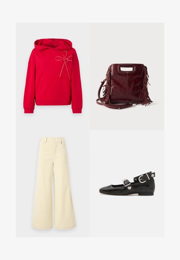 Haut à capuche rouge avec poche frontale et détail de nœud beige décoratif sur le coin supérieur gauche de la poitrine, manches longues et capuche.; Pantalons larges en tissu beige doux avec une finition texturée, dotés de poches avant, de passants de ceinture et d'une fermeture à bouton unique.; Ballerine en cuir verni noir avec un bout carré, sangle de cheville avec des détails en métal argenté et semelle plate. Texture lisse avec un design minimaliste.; Sac à main carré en cuir bordeaux avec poignée découpée, détails de franges latérales et bandoulière réglable sur fond uni.