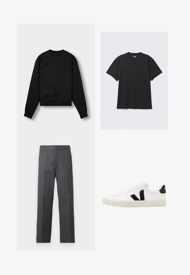 Sweatshirt noir court avec des manches longues, un col rond et des bords côtes. Il présente une texture en tissu douce et un design minimaliste.; T-shirt noir à manches courtes en coton. Il présente un col rond et une coupe décontractée. Design simple sans motifs ni accents visibles.; Pantalon gris foncé à jambes droites avec un devant plat et sans poches visibles, présenté sur un fond blanc uni.; Sneaker blanche en cuir avec des accents en daim noir ; dispose d'une semelle en caoutchouc, d'un bout rond et d'un design classique à lacets. Logo latéral en noir.