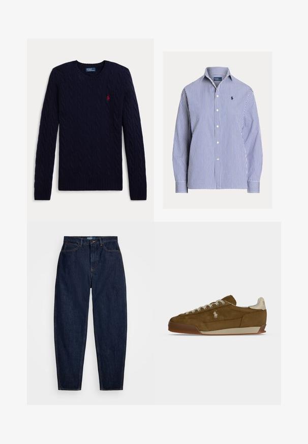 Mørkeblå kabelstrikket sweater med lange ærmer, rund hals, ribbede manchetter og kant, med en lille rød broderet polo-spiller logo på brystet.; Blå og hvide lodrette stribede langærmet skjorte med krave og lille broderet logo på venstre bryst.; Mørkeblå denim jeans med lige pasform, der har orange syninger, en forreste knaplukning og fem lommer.; Brun ruskind sneaker med cremefarvede snørebånd, tyk sål og et lille hvidt broderet logo på siden.