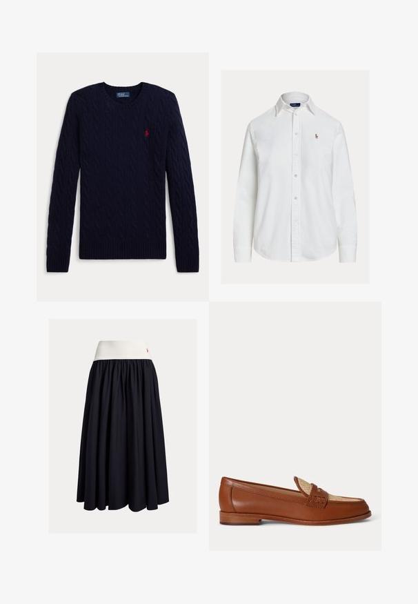 Navyblauwe kabelgebreide trui met lange mouwen, ronde hals, geribbelde manchetten en zoom, met een klein rood geborduurd polospelerlogo op de borst.; Wit overhemd met lange mouwen, knoopsluiting en kraag en een klein geborduurd logo op de linkerborst, weergegeven op een effen achtergrond.; Rok tot op de knie in donkerblauwe stof met een witte elastische tailleband. Voorzien van een geplooid ontwerp en een klein rood logoaccent.; Bruine leren loafer met geweven beige paneel bovenop, lage houten hak en traditioneel pennyriemontwerp op witte achtergrond.
