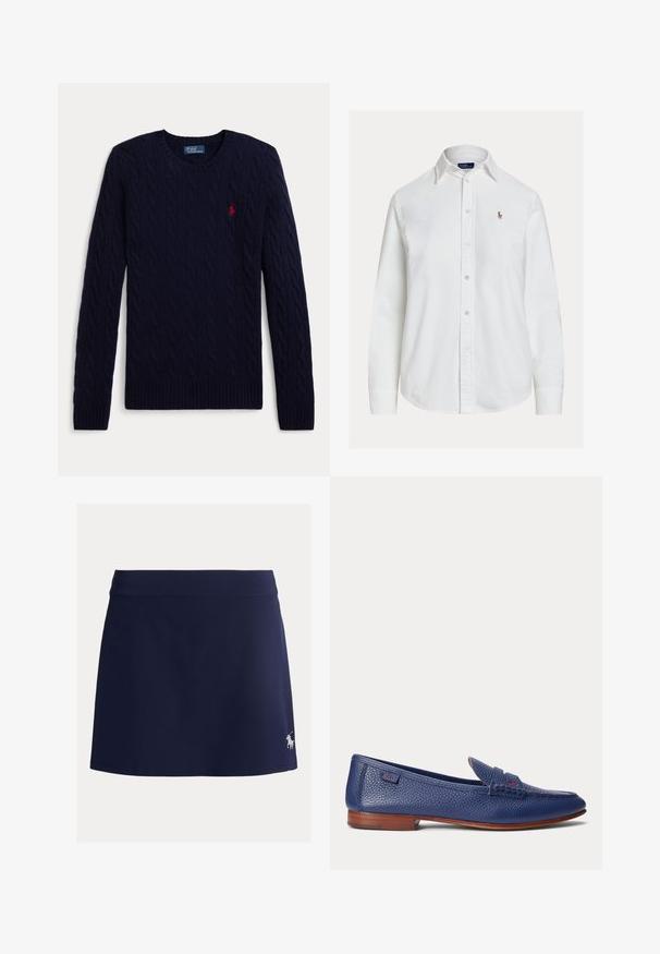 Navyblauwe kabelgebreide trui met lange mouwen, ronde hals, geribbelde manchetten en zoom, met een klein rood geborduurd polospelerlogo op de borst.; Wit overhemd met lange mouwen, knoopsluiting en kraag en een klein geborduurd logo op de linkerborst, weergegeven op een effen achtergrond.; Marineblauwe skort gemaakt van rekbare stof, voorzien van een brede tailleband en een klein wit paardenlogo aan de onderzijde links.; Blauwe leren loafer met structuur, lage bruine houten hak en gestikte details, zijaanzicht op een effen achtergrond.