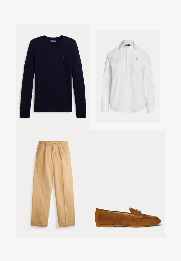 Navyblauwe kabelgebreide trui met lange mouwen, ronde hals, geribbelde manchetten en zoom, met een klein rood geborduurd polospelerlogo op de borst.; Wit overhemd met lange mouwen, knoopsluiting en kraag en een klein geborduurd logo op de linkerborst, weergegeven op een effen achtergrond.; Beige rechte broek met knoop- en ritssluiting, voorzakken, riemlussen en geplooide persvouwen langs de pijpen.; Bruine suède platte loafer met een gouden metalen gespdetail bovenop en een lage hakzool.