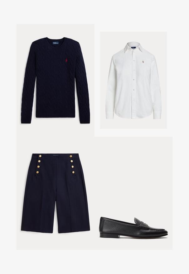 Jersey de punto de cable azul marino con mangas largas, cuello redondo, puños y bajo acanalados, con un pequeño logo bordado en rojo de un jugador de polo en el pecho.; Camisa blanca de manga larga con botones, cuello y pequeño logo bordado en el pecho izquierdo, mostrada sobre un fondo liso.; Pantalones cortos azul marino hasta la rodilla con piernas anchas y botones dorados decorativos en los bolsillos delanteros.; Mocasín negro de cuero texturizado con tacón bajo y detalle clásico de correa para moneda, mostrado de perfil sobre un fondo claro y liso.