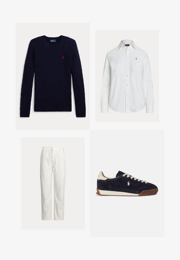 Navyblauwe kabelgebreide trui met lange mouwen, ronde hals, geribbelde manchetten en zoom, met een klein rood geborduurd polospelerlogo op de borst.; Wit overhemd met lange mouwen, knoopsluiting en kraag en een klein geborduurd logo op de linkerborst, weergegeven op een effen achtergrond.; Witte broek met rechte pijpen, grote voorkwabzakken, riemlussen en een knoopsluiting in de taille.; Blauwe suède sneaker met crèmekleurige accenten, ronde neus, witte veters en een getextureerde gumrubberen zool, voorzien van een klein logo aan de zijkant.