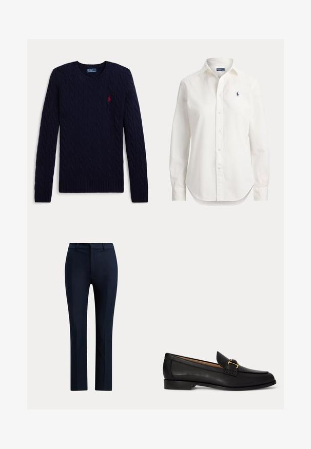 Mørkeblå kabelstrikket sweater med lange ærmer, rund hals, ribbede manchetter og kant, med en lille rød broderet polo-spiller logo på brystet.; Hvid langærmet skjorte med knapper, krave og lille blåt logo af en polospiller på venstre bryst.; Marineblå skræddersyede bukser med lige ben, bæltestropper og lynlåslukning foran.; Sort læderloafer med lille hæl og dekorativt gyldent spænde foran, vist fra siden på en hvid baggrund.