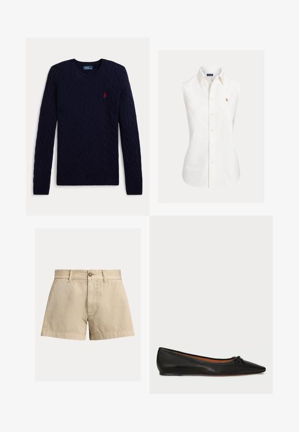 Navyblauwe kabelgebreide trui met lange mouwen, ronde hals, geribbelde manchetten en zoom, met een klein rood geborduurd polospelerlogo op de borst.; Witte mouwloze katoenen blouse met een puntige kraag, knoopsluiting aan de voorkant en een klein geborduurd logo aan de linkerkant.; Beige katoenen shorts met een rechte snit, knoopsluiting en twee voorzakken. Soepele textuur en omgeslagen zoom detail.; Zwarte leren balletschoenen met een spitse neus, slanke silhouet en een klein strikdetail aan de voorkant. Gladde textuur en minimalistisch ontwerp.