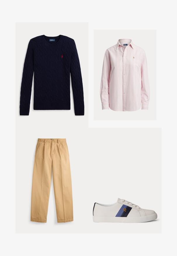 Navyblauwe kabelgebreide trui met lange mouwen, ronde hals, geribbelde manchetten en zoom, met een klein rood geborduurd polospelerlogo op de borst.; Hemden met lange mouwen in lichtroze met witte en blauwe strepen, voorzien van een klein geborduurd logo op de borst, gemaakt van katoenen stof.; Beige rechte broek met knoop- en ritssluiting, voorzakken, riemlussen en geplooide persvouwen langs de pijpen.; Witte lage sneaker met blauwe leren strepen en gouden "RL" logo aan de zijkant, witte veters en een gestructureerde rubberen zool.