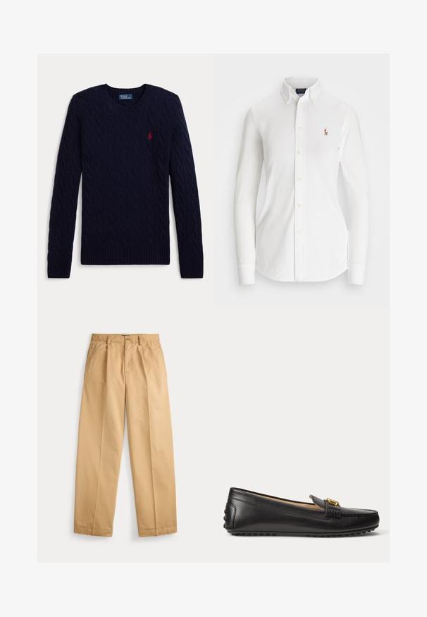 Mørkeblå kabelstrikket sweater med lange ærmer, rund hals, ribbede manchetter og kant, med en lille rød broderet polo-spiller logo på brystet.; Hvid langærmet skjorte med knapper og spids krave, lavet af bomuld. Har et lille broderet logo på venstre bryst.; Beige bukser med lige ben, lukning med knap og lynlås, forlommer, bæltestropper og pressede folder ned langs benene.; Sort læderloafer med guldbeslag og gummisåle med nitter, vist fra siden på hvid baggrund.