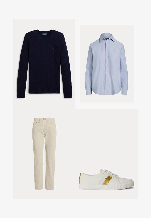 Mørkeblå kabelstrikket sweater med lange ærmer, rund hals, ribbede manchetter og kant, med en lille rød broderet polo-spiller logo på brystet.; Lyseblå skjorte med lange ærmer og knapper, med spids krave og lille broderet logo på venstre bryst.; Beige, lige-benede fløjlsbukser med bæltestropper, frontknap, lynlås og frontlommer.; Lavskoet hvid sneaker med hvide snørebånd, en guldbelagt stribe på siden og en struktureret hvid gummisål.
